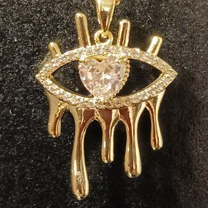 18K Gold Plated Devil Eye Necklace with Pink Crystal Heart Pendant